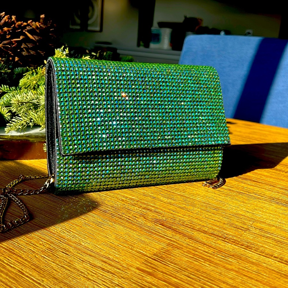 Olga Berg rhinestone green clutch with optional chain